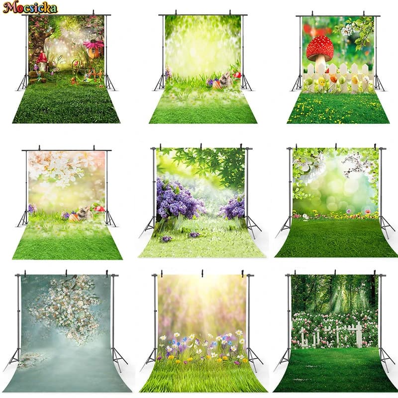 Printemps vert toile de fond photographie oeuf de pâques prairie conte de fées forêt enfants nouveau-né elfes floraux fleurs Photo fond