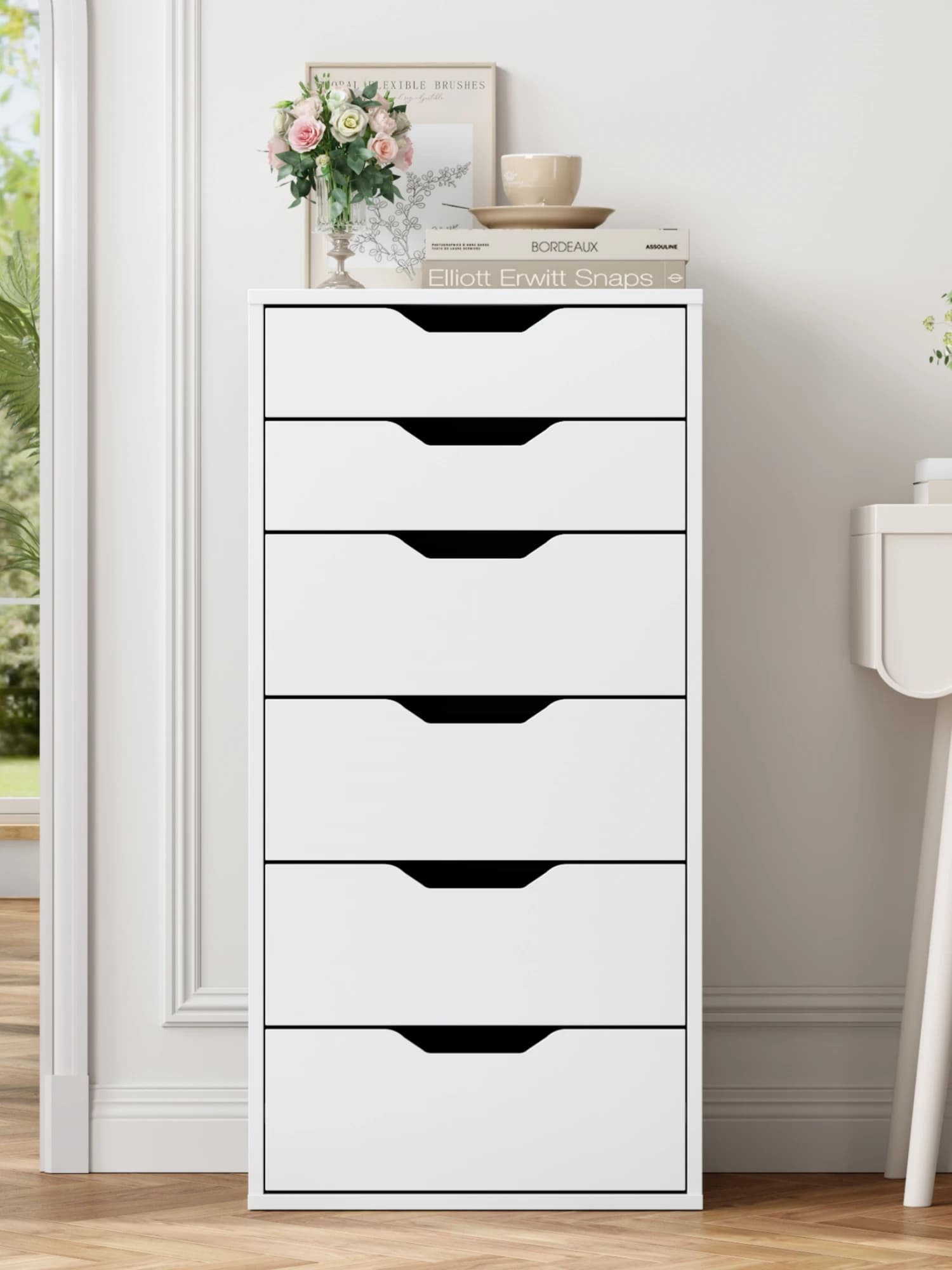 Getone Commode Chambre Adulte, Commode 6 Tiroirs, Chiffonnier, Meuble de Rangement pour Salon Chambre, Blanc/Noir, 45x40x90.5cm