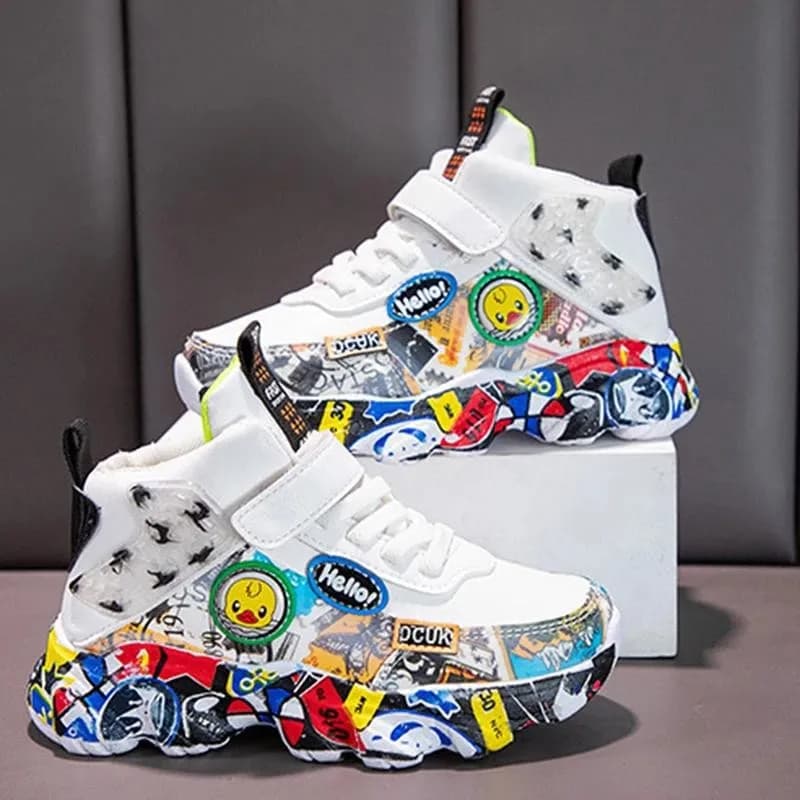 Taille 26-36 enfants sport baskets pour filles enfant dessin animé Graffiti modèle chaussures décontractées garçons basket-ball chaussure