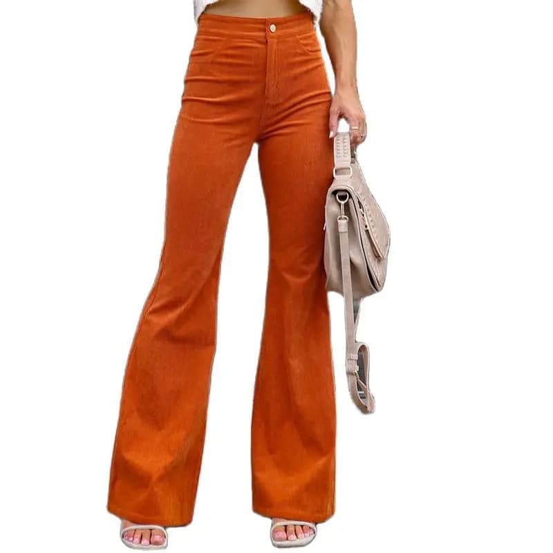 Pantalon évasé taille haute en velours côtelé pour femme, vêtement Long, couleur unie, Slim, noir, gris, kaki, Orange, collection automne-hiver
