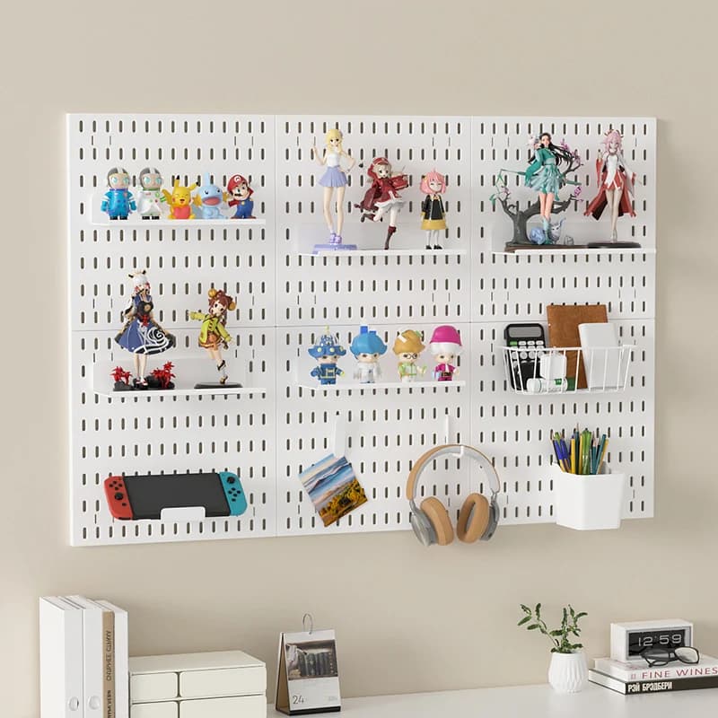 Panneau mural en plastique avec crochets, boîtes, étagères, paniers – librement combinable pour les murs de bureau/maison