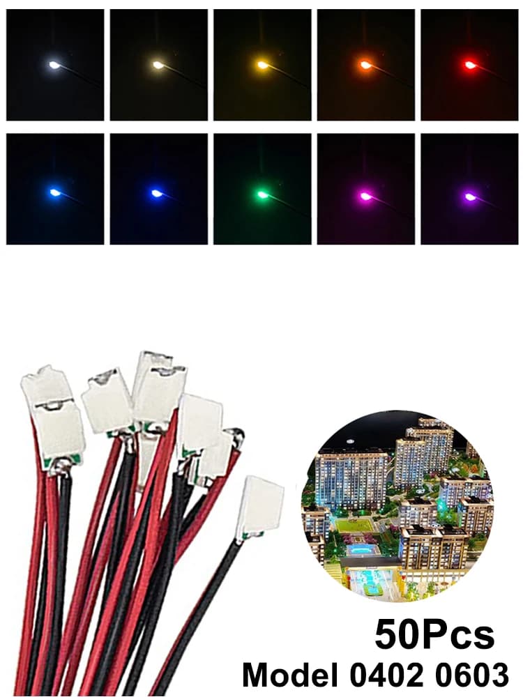 50 pièces/sac 0402 0603 bricolage SMD lampe filaire Micro Litz Led puce pré-soudée filaire 3V modèle ferroviaire jouet lumière bricolage fils