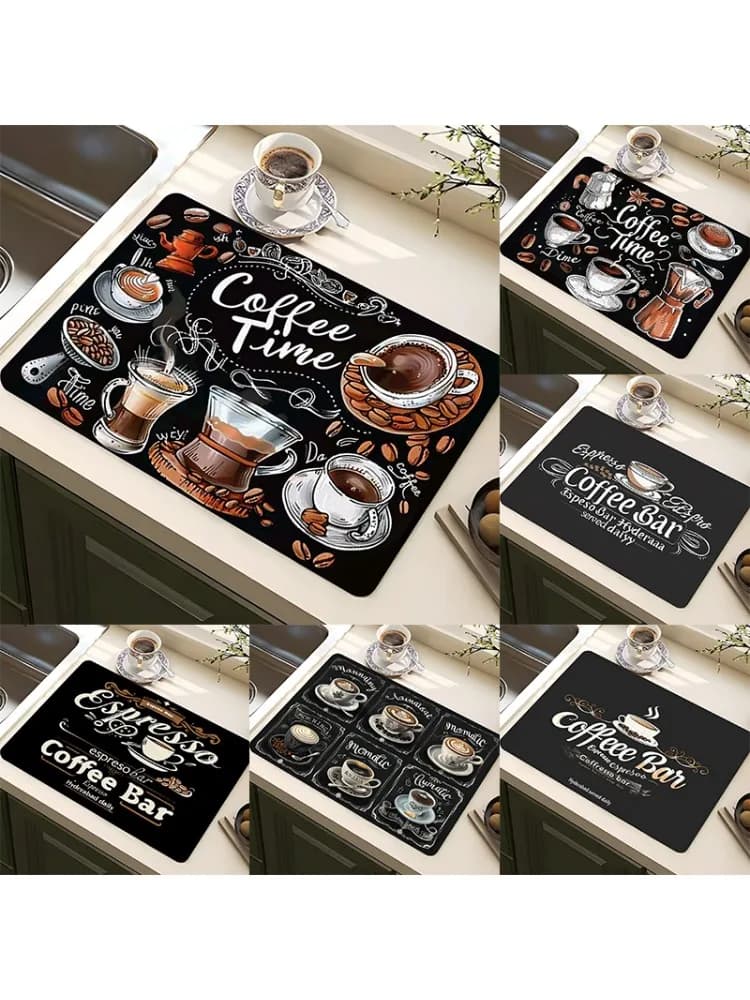 Tapis de séchage de vaisselle au Design de café classique, en caoutchouc souple, antidérapant, en Polyester absorbant, résistant aux taches, pour