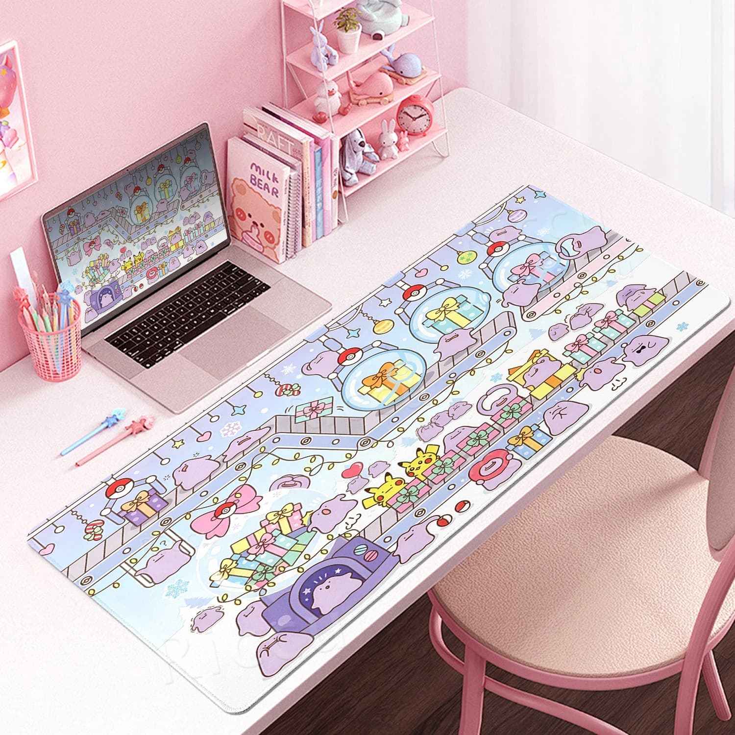 Nouvelle Tapisserie de Jeu Esthétique Série Ditto Motif Dessin Animé Pokémon, Tapis de Bureau à Bords Coudés, Accessoires de Bureau, Tapis en