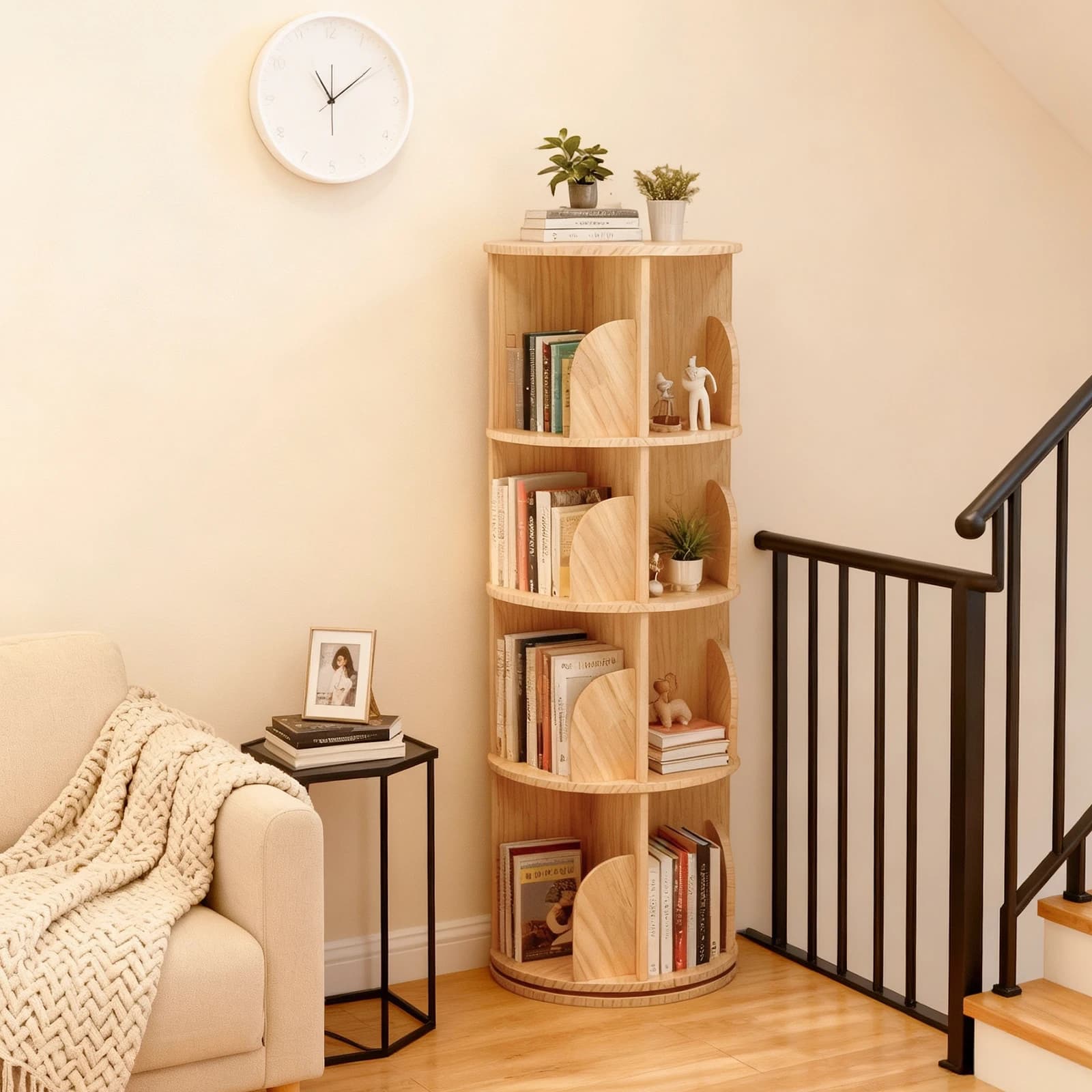 4 niveaux 360 °   Étagère rotative, étagère sur pied en bois massif, tour de rangement sur pied en bois massif de 39 x 39 x 129 cm avec