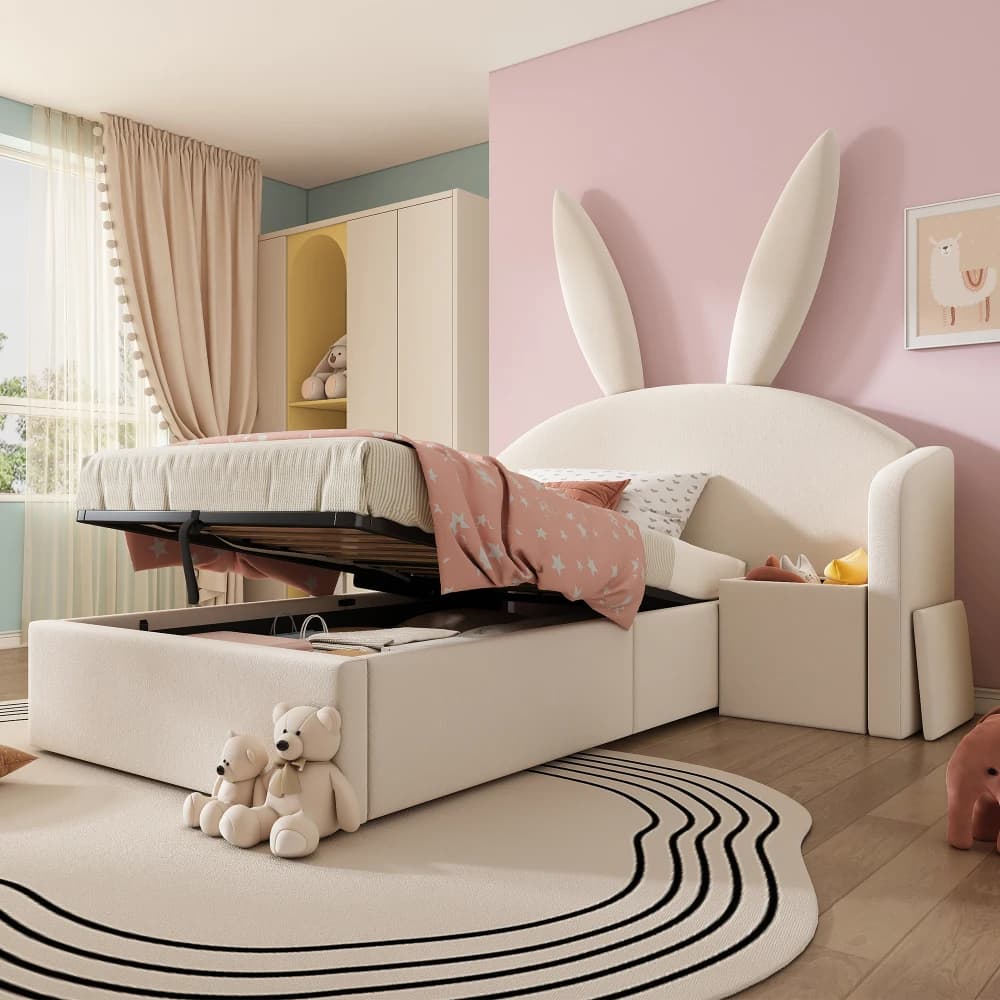 Lit plateforme rembourré 90x190cm et 90x200cm avec tête de lit en forme d'oreilles de lapin, lit à cadre souple en velours avec espace de rangement