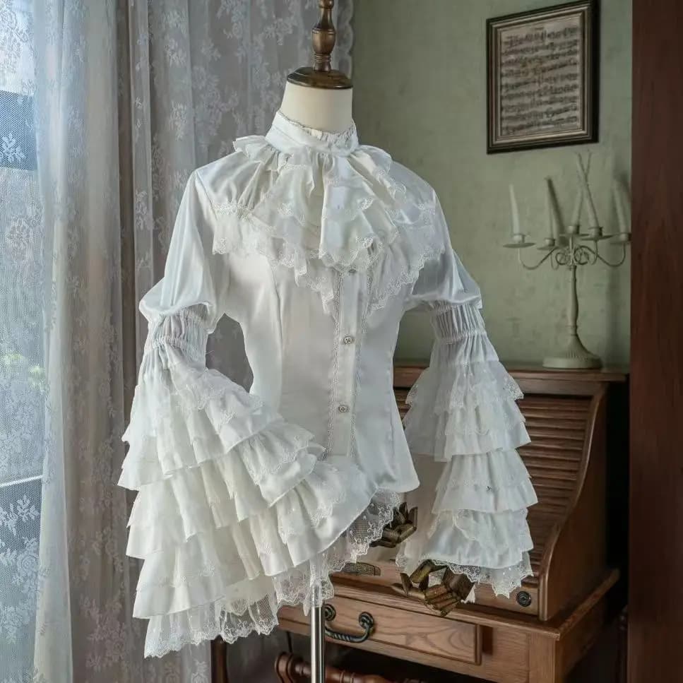Chemisier Lolita japonais blanc, jolie chemise à manches bouffantes avec poignets en dentelle pour robe JSK, sous-chemise de Style Vintage doux, 2025