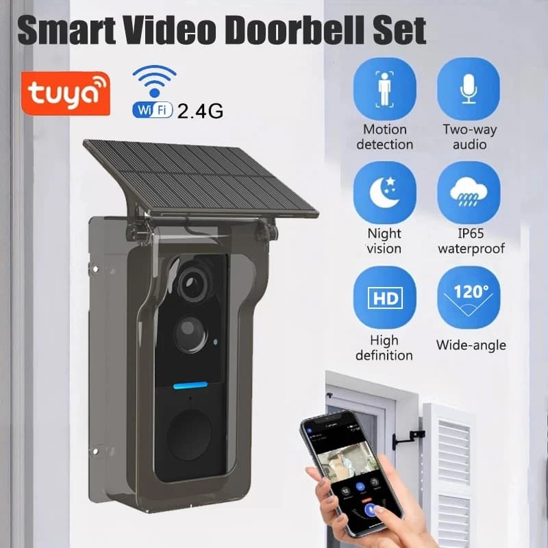 Tuya – sonnette WiFi avec couvercle solaire contre la pluie, vidéo sans fil, caméra, détection de mouvement PIR, sonnette de porte extérieure,