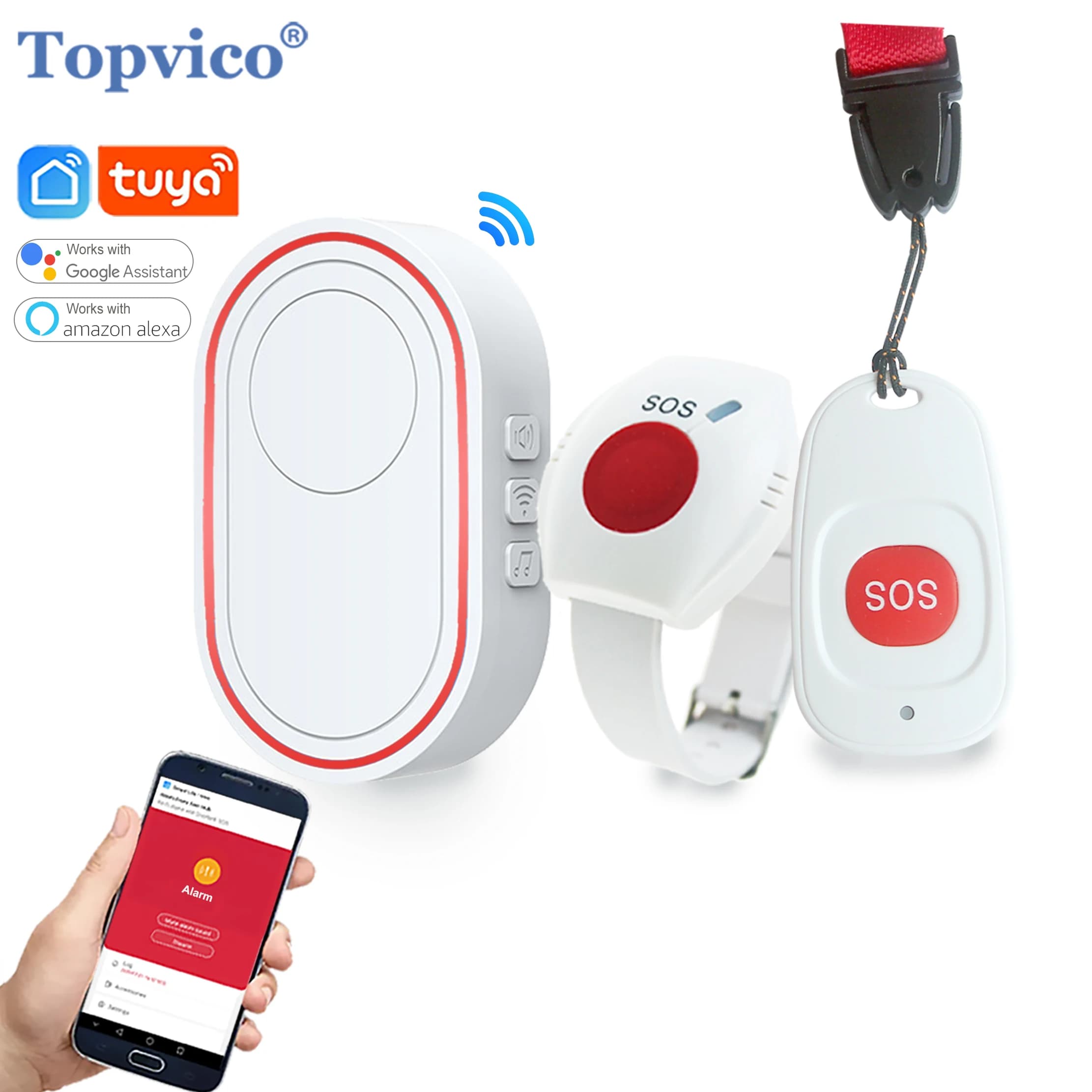 Topvico Tuya Bouton d'urgence WIFI pour personnes âgées, Bracelet d'alarme SOS sans fil, Montre de rappel pour soignant, Appel d'urgence pour