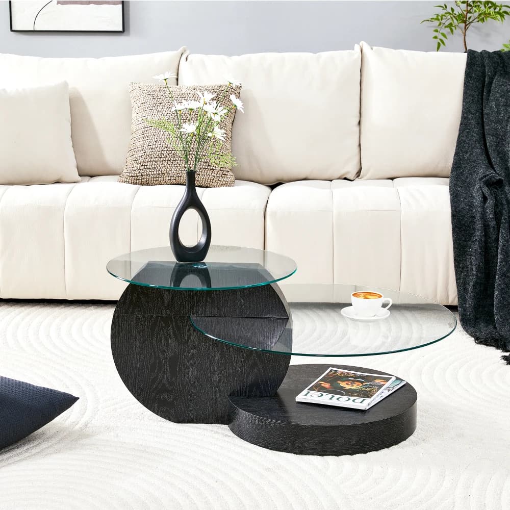 Table basse moderne minimaliste à deux niveaux en verre de sécurité, structure de support en MDF de haute qualité avec finition en bois sculpté