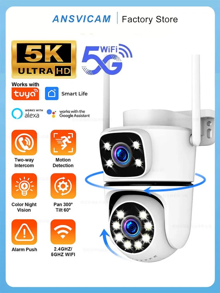 Caméra IP extérieure ANSVICAM 10MP 5K HD à double objectif 5G WiFi Tuya PTZ sans fil pour la sécurité domestique, vidéosurveillance, détection