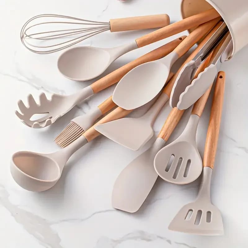 Ensemble d'ustensiles de cuisine avec manche en bois en silicone multicolore, antiadhésif, pot, spatule, cuillère, résistant à la chaleur, F2, 12