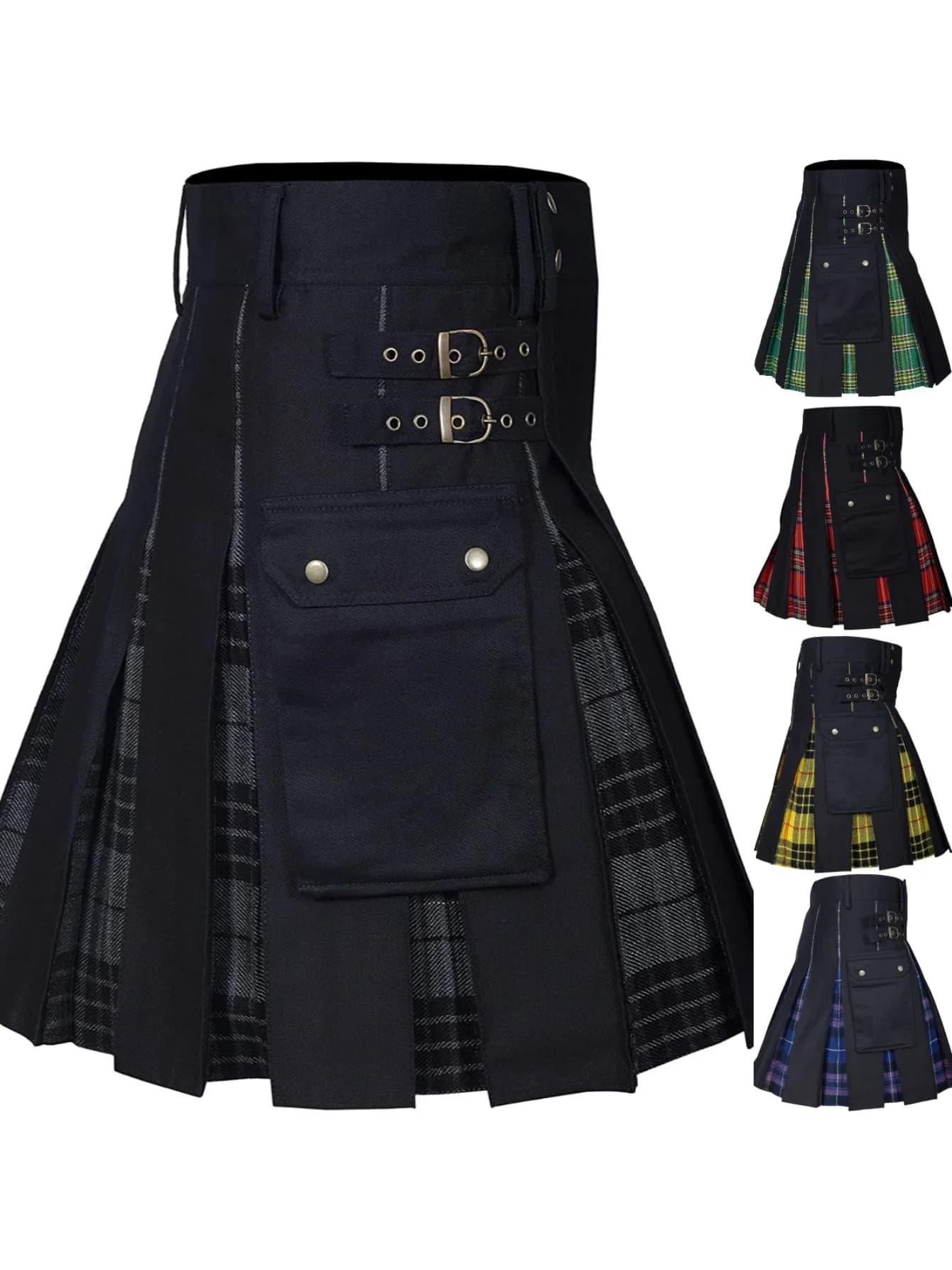 LisdinoKilts pour hommes, Kilt utilitaire, Kilt hybride en jean 100 % coton, Kilt traditionnel pour hommes en tartan plissé en boîte moderne
