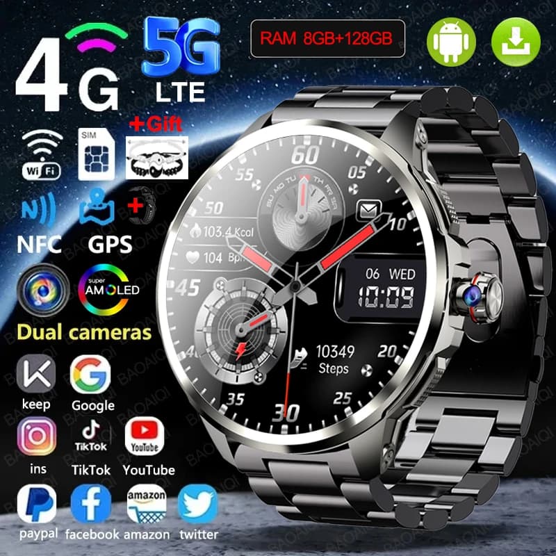 Montre connectée tout réseau 5G/4G, 1.95 pouces, AMOLED, batterie 2100mah, 8 go + 128 go de RAM, caméra 900W, GPS, WIFI, Google APP,