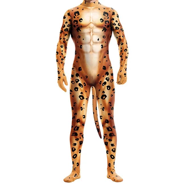 Avec queue Anime Zentai body homme adulte Cosplay léopard 3D imprimé à manches longues Sexy mince Costume Spandex combinaison Costume musculaire