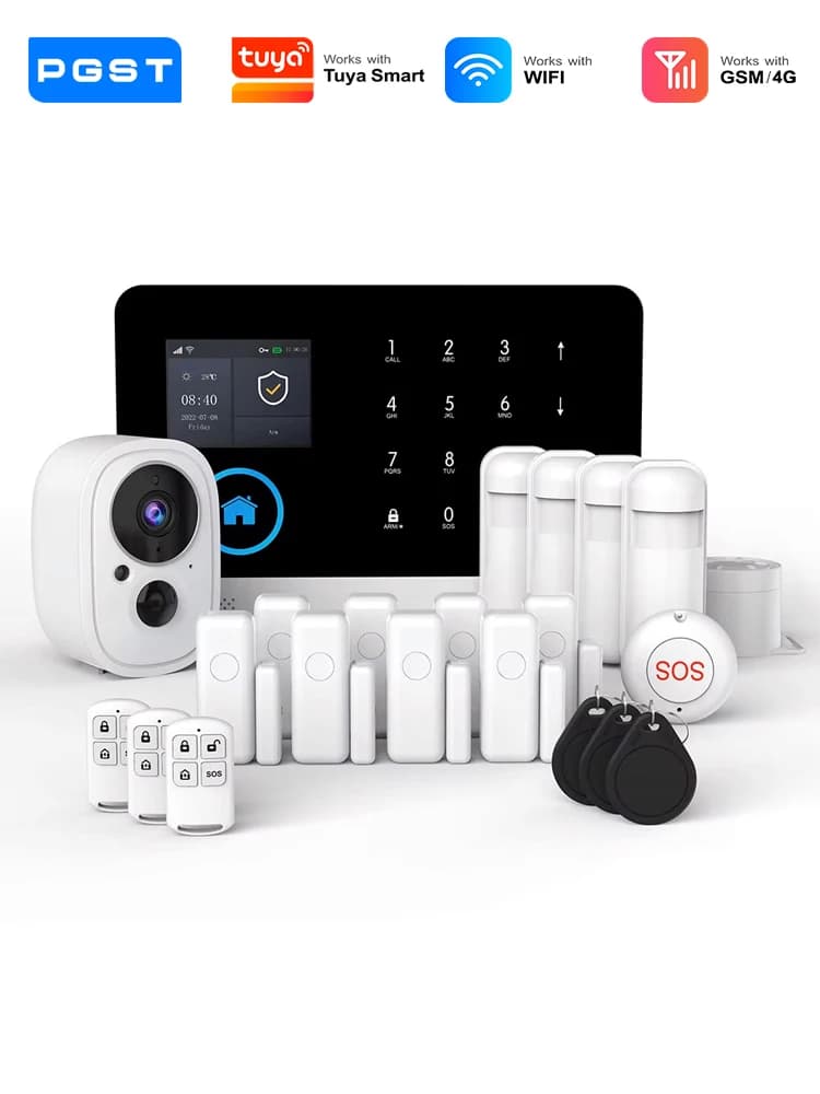 PGST kit sécurité alarme anti intrusion WiFi 4G 2G GSM Works with Tuya Smart Life système sans fil connecté pour maison commerce surveillance