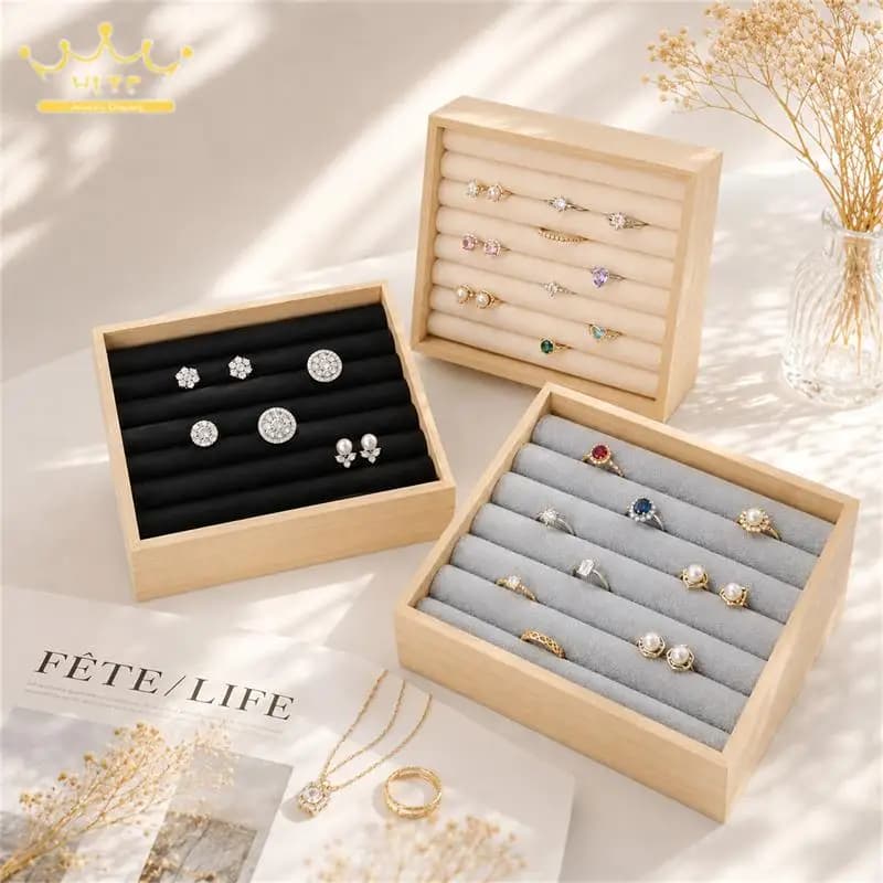 Présentoir à Bijoux en Bois Massif T1, Boîte de Rangement pour Bagues