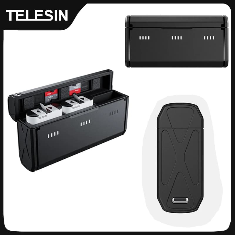 TELESIN chargeur de batterie Portable pour GoPro Hero 12 11 10 9 batterie 3 emplacements TF carte chargeur de stockage de batterie boîte pour Gopro