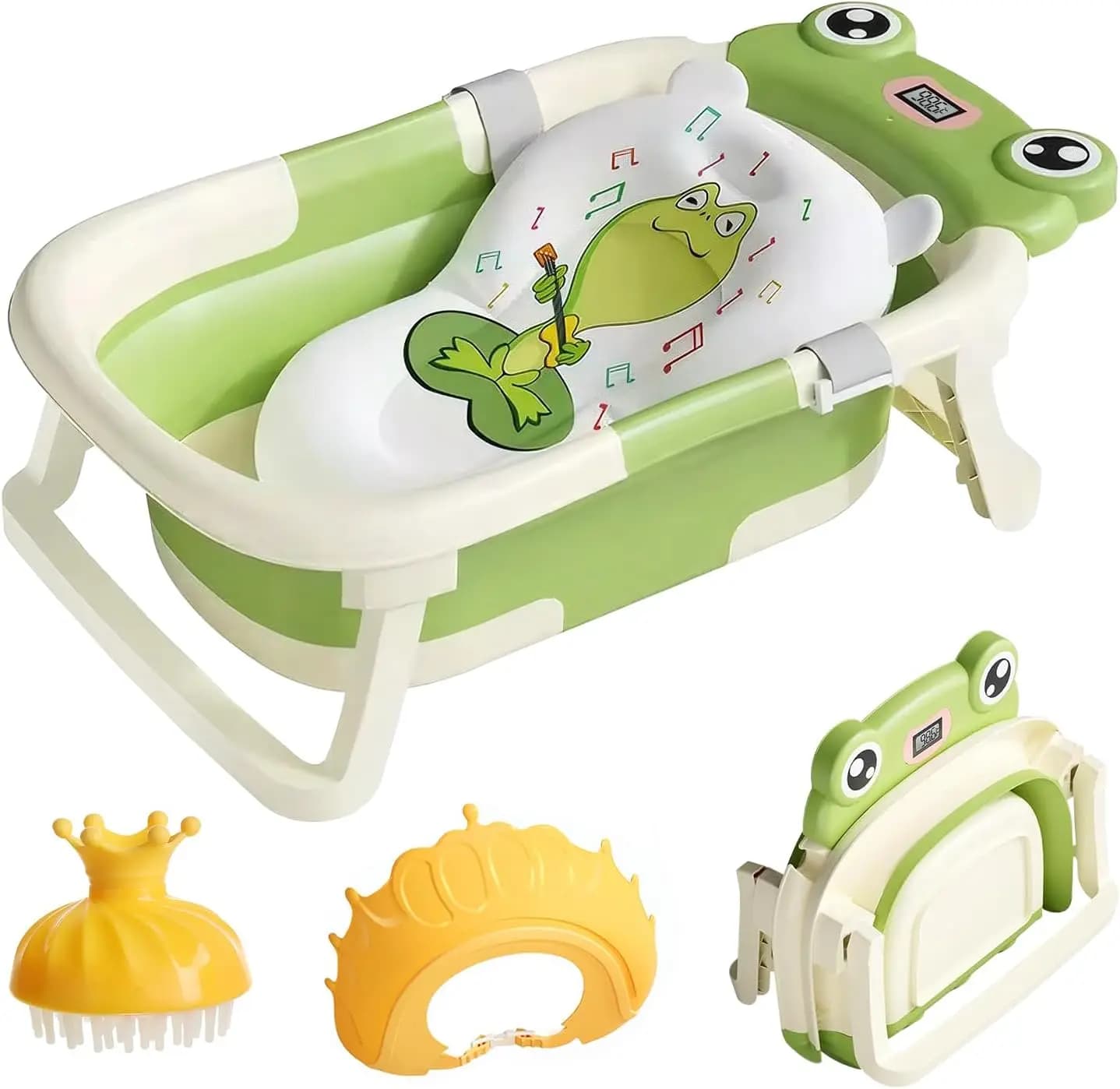 Baignoire pliable pour bébé de 0 à 36 mois, avec coussin de bain, avec thermomètre, bonnet de douche, brosse de douche pour nouveau-né et enfant