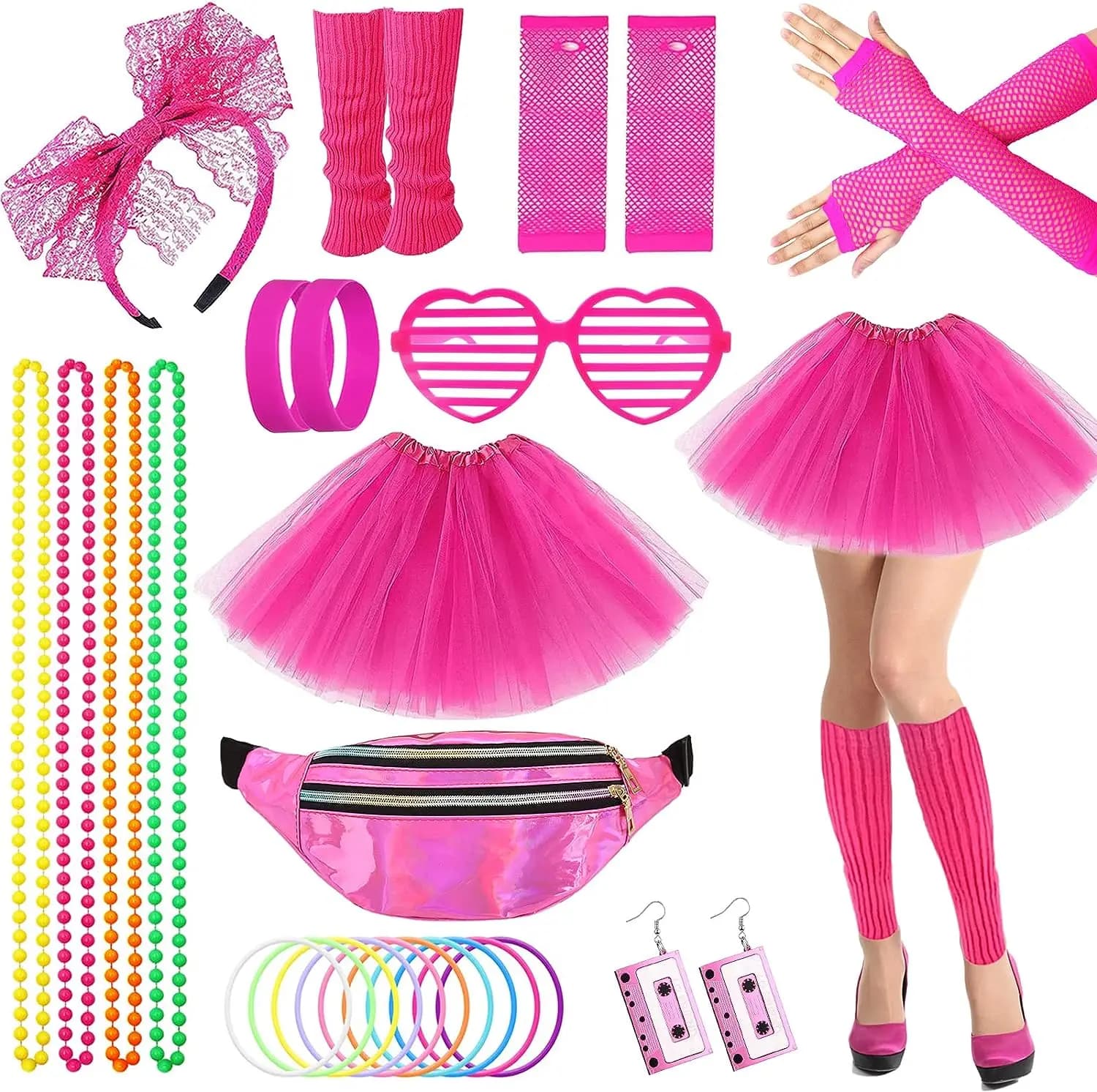 Accessoires de Costume de fête des années 80, chauffe-jambes, boucles d'oreilles, gants en résille, collier, lunettes, Bracelet, bandeau, tenue