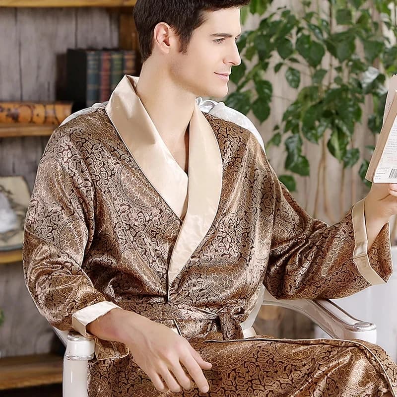 Hommes Robe de bain Satin imprimé or Kimono peignoir soie longue Robe de chambre grande taille vêtements de nuit géométrique salon chemise de nuit