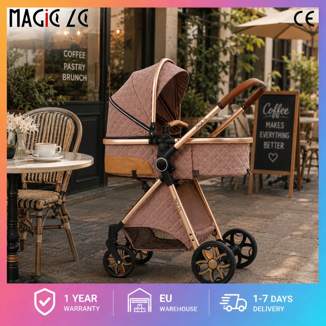 Système de voyage Magic ZC Premium 3 en 1, poussette compacte pliable avec nacelle, siège auto et siège réversible, poussette haute, roues