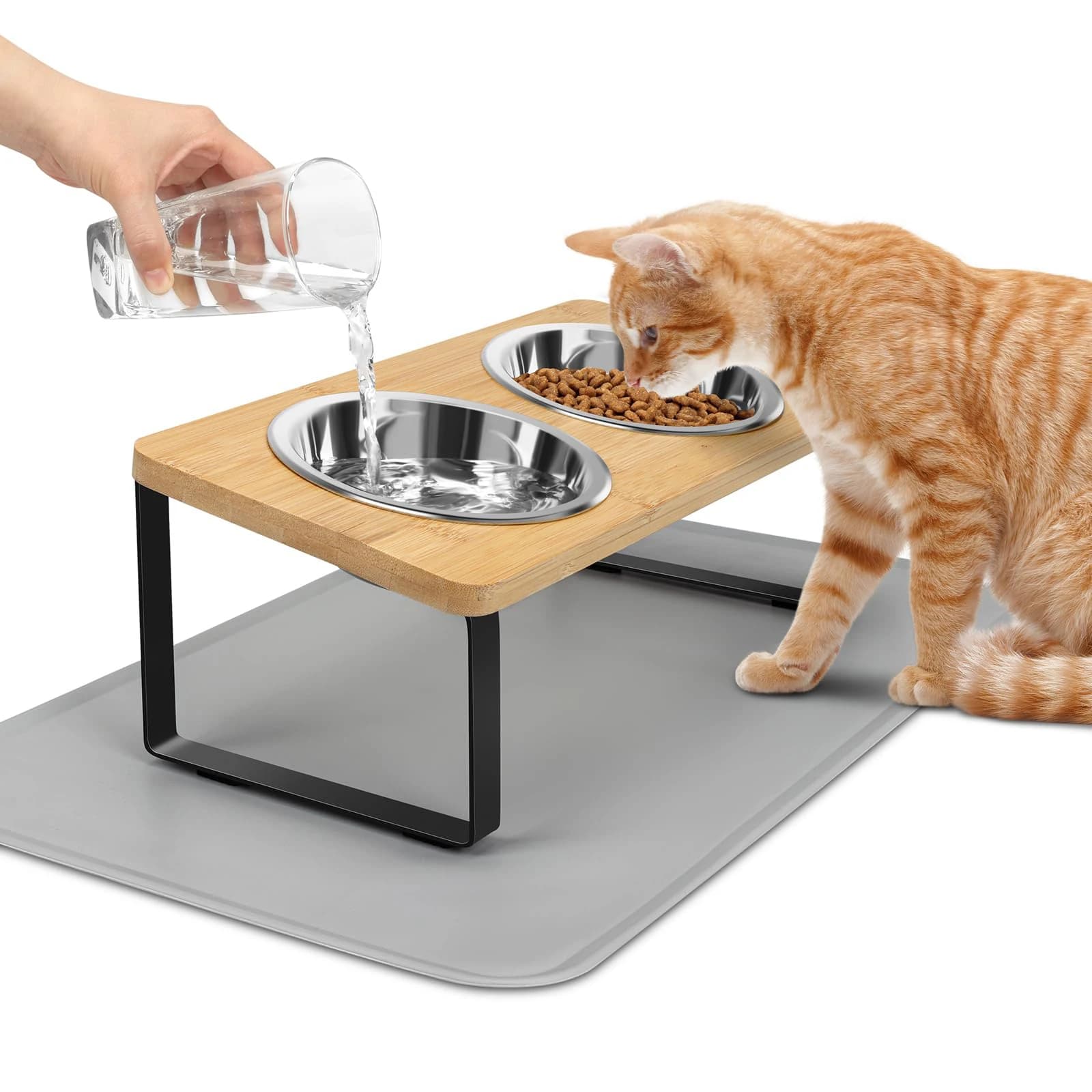 Bols surélevés pour chat avec tapis alimentaire 15 °   Plats pour chats surélevés sur pied incliné pour mangeoire alimentaire et eau 2 bols en