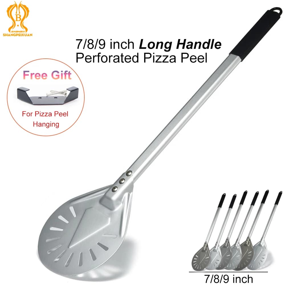 SHANGPEIXUAN Spatule à pizza perforée à long manche de 7/8/9 pouces, pelle à pizza en aluminium avec poignée antidérapante, outil à pizza