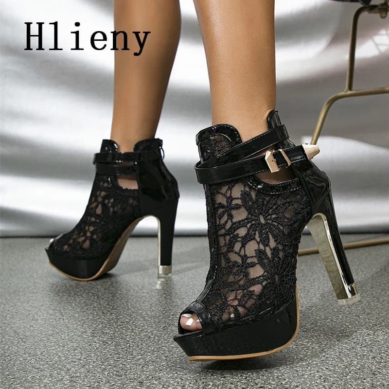 Hlieny-Bottes à Talons Hauts en Maille Sexy pour Femme, Sandales à Plateforme en Tissu, Peep Parker, Boîte de Nuit, ix, Stiletto, Chaussures Femme,