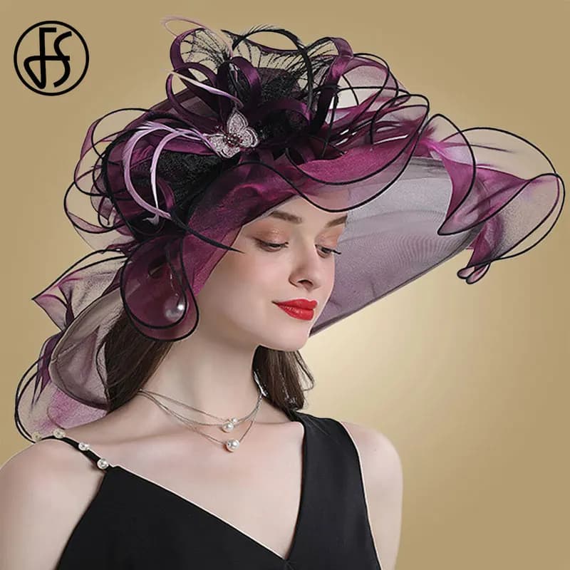 Chapeaux Fascinateurs élastiques à large bord pour femmes, chapeaux de soleil blancs en organza, fleur, mariage, thé, tri, église, Fedora, dames