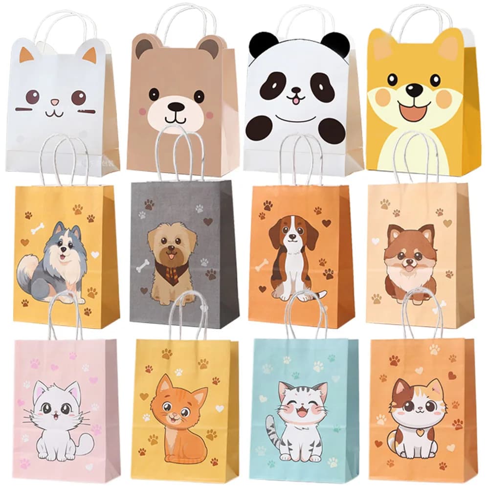 Sacs cadeaux en papier animaux avec poignée, 5/10/20/30 pièces, sac à cadeaux pour chat et chien, ours, bonbons, biscuits, fournitures de