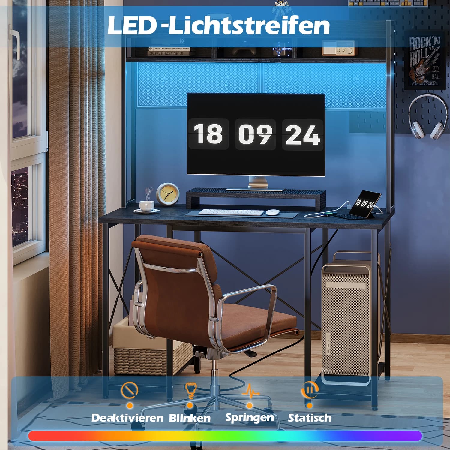 Table de jeu Devoko avec LED et prises, bureau DIY 120x60 cm avec étagères