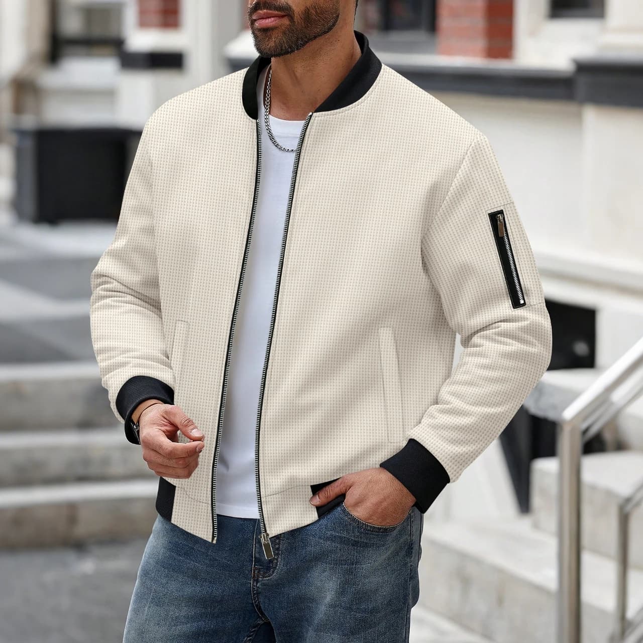 Blouson Bomber Homme Respirant en Maille Gaufrée 2026 Nouvelle Collection avec Bordure Contrastante et Fermeture Éclair Col Montant Style Streetwear