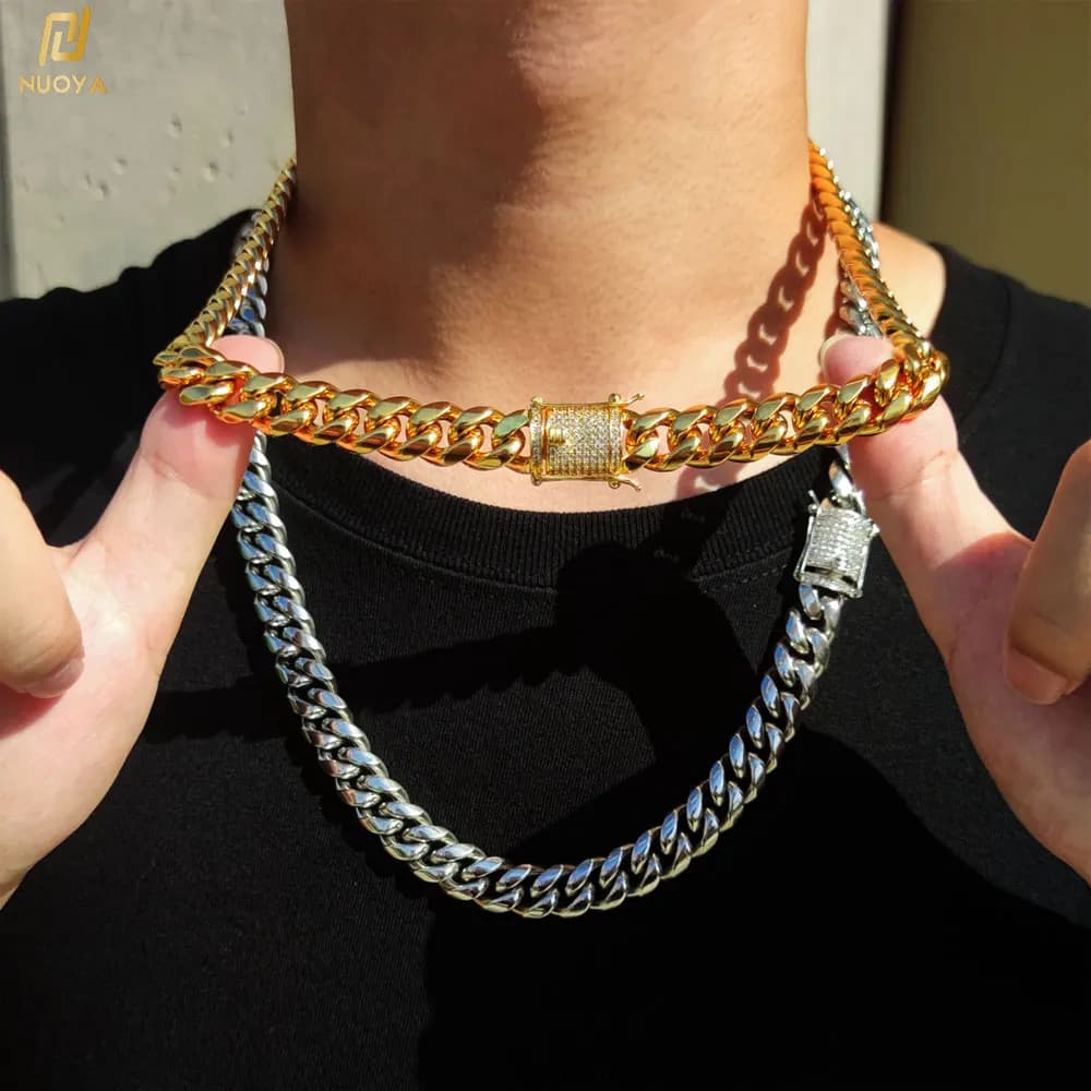 Chaîne cubaine Hip Hop 6-12mm, fermoir glacé en acier inoxydable plaqué or 18 carats PVD, collier pour hommes, bijoux