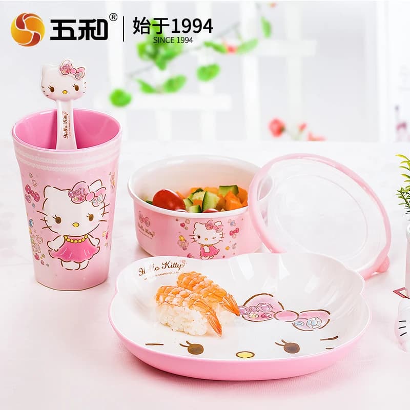 Dessin animé Hello Kitty enfants vaisselle bébé bol de nourriture divisé assiette à manger Anti-brûlure enfants tasse d'eau bol cuillères
