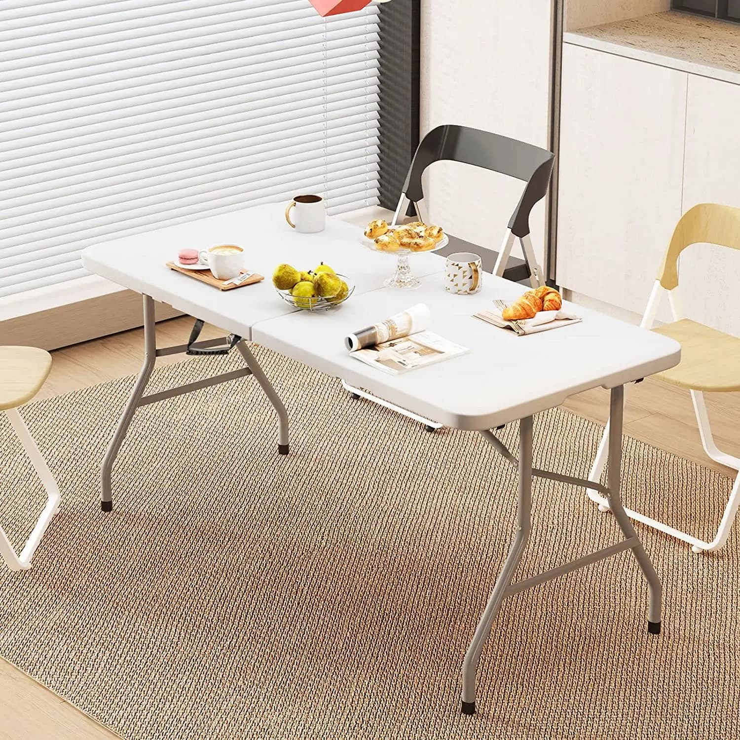 Table pliante d'extérieur HDPE, longue table d'étude rectangulaire en plastique, table à manger pour restaurant, chaises d'exposition portables