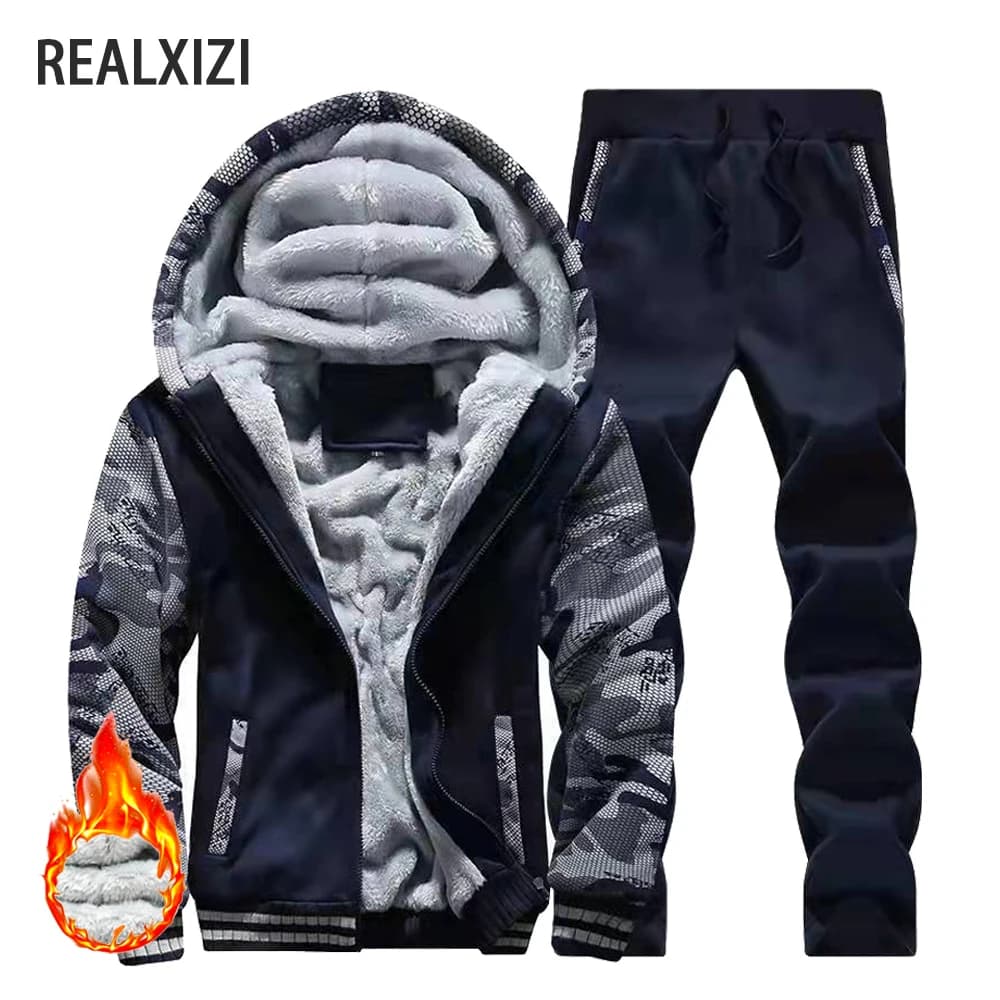 Vestes d'hiver épaisses et chaudes pour hommes, vêtements de sport de marque, manteau et pantalon, couleur unie, polaire, fermeture éclair,