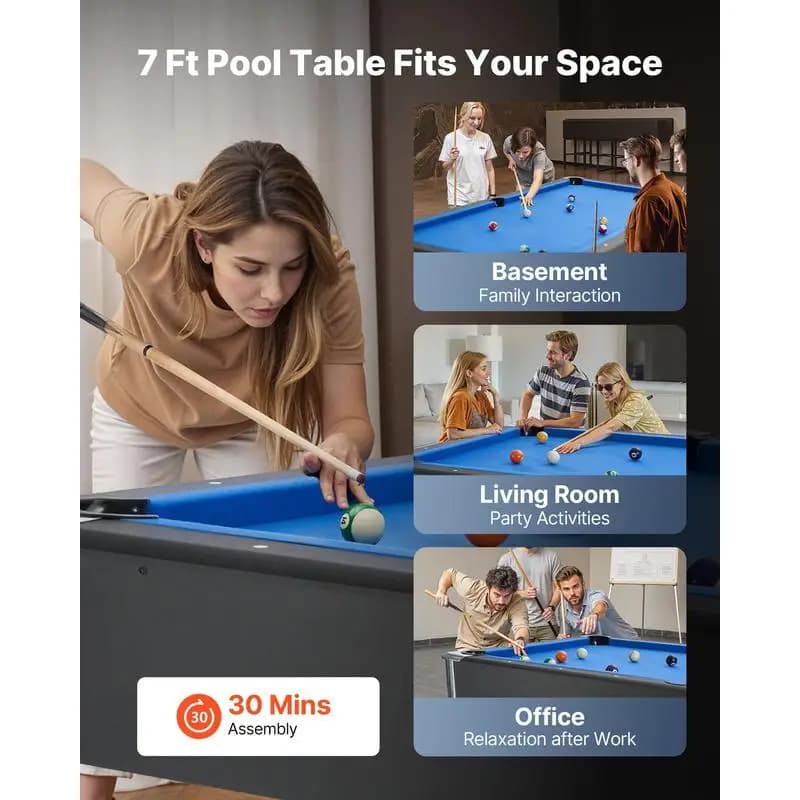 Table de billard 213 cm, table de jeu moderne avec pieds réglables, ensemble complet inclus Balles/Queues/Supports/Craies/Brosses, pour salle de