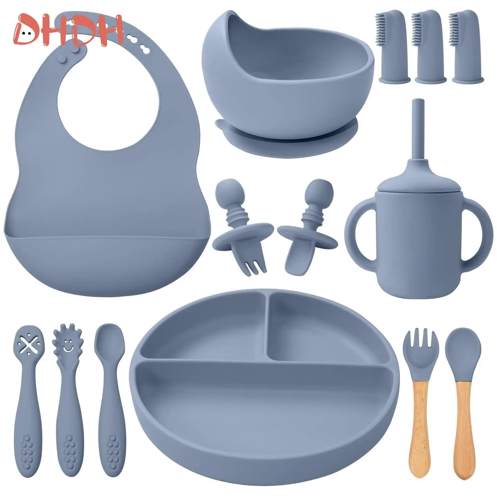 Ensemble d'alimentation en Silicone pour bébé, vaisselle, plat, fourchette, cuillère, bol d'aspiration, assiette divisée, bavoir, tasse,