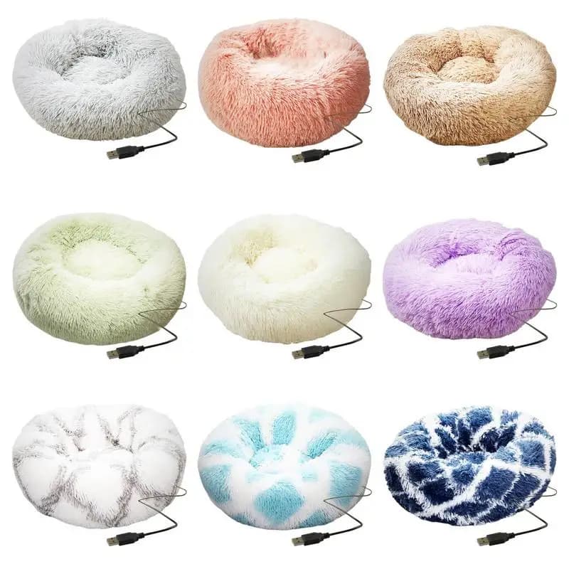 Lits pour animaux de compagnie en peluche doux, lit rond chauffant USB pour chiens et chats, confortable et lavable en Machine