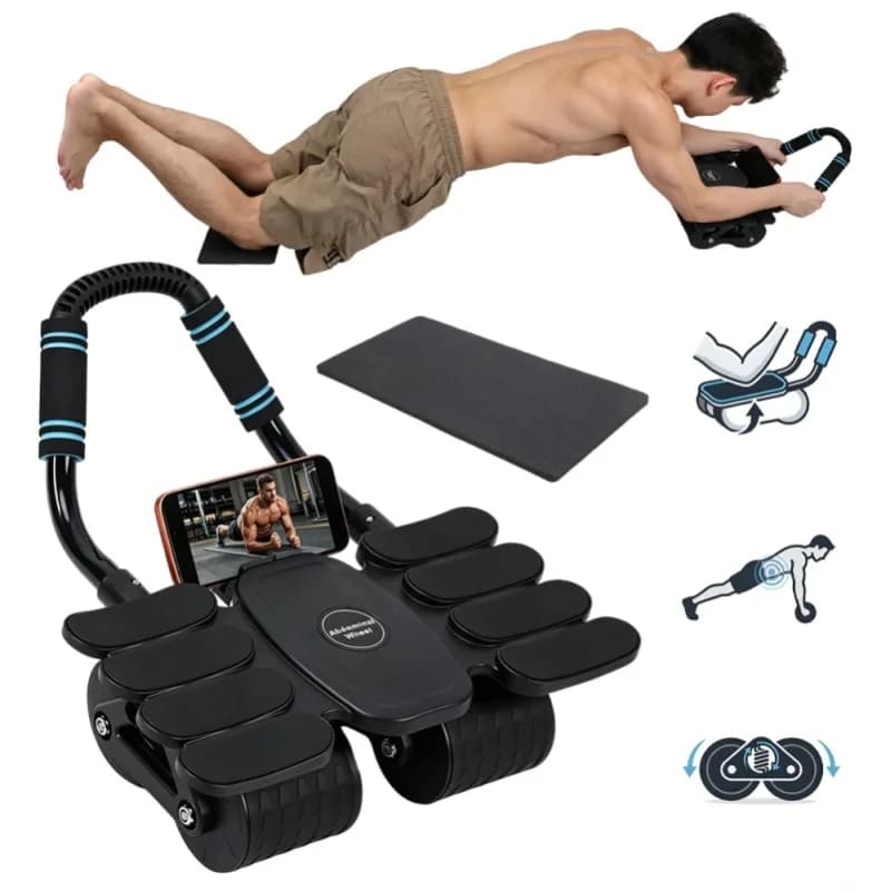 Appareil d'entraînement abdominal à quatre roues avec tapis de genoux antichoc inclus, entraîneur abdominal ergonomique pour débutants, idéal