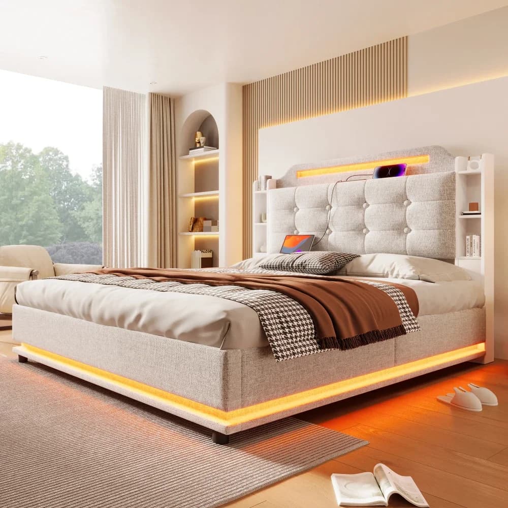 Lit rembourré 140x200cm avec barre lumineuse LED et plusieurs compartiments de rangement, pour linge de chambre à coucher, Beige (sans matelas)