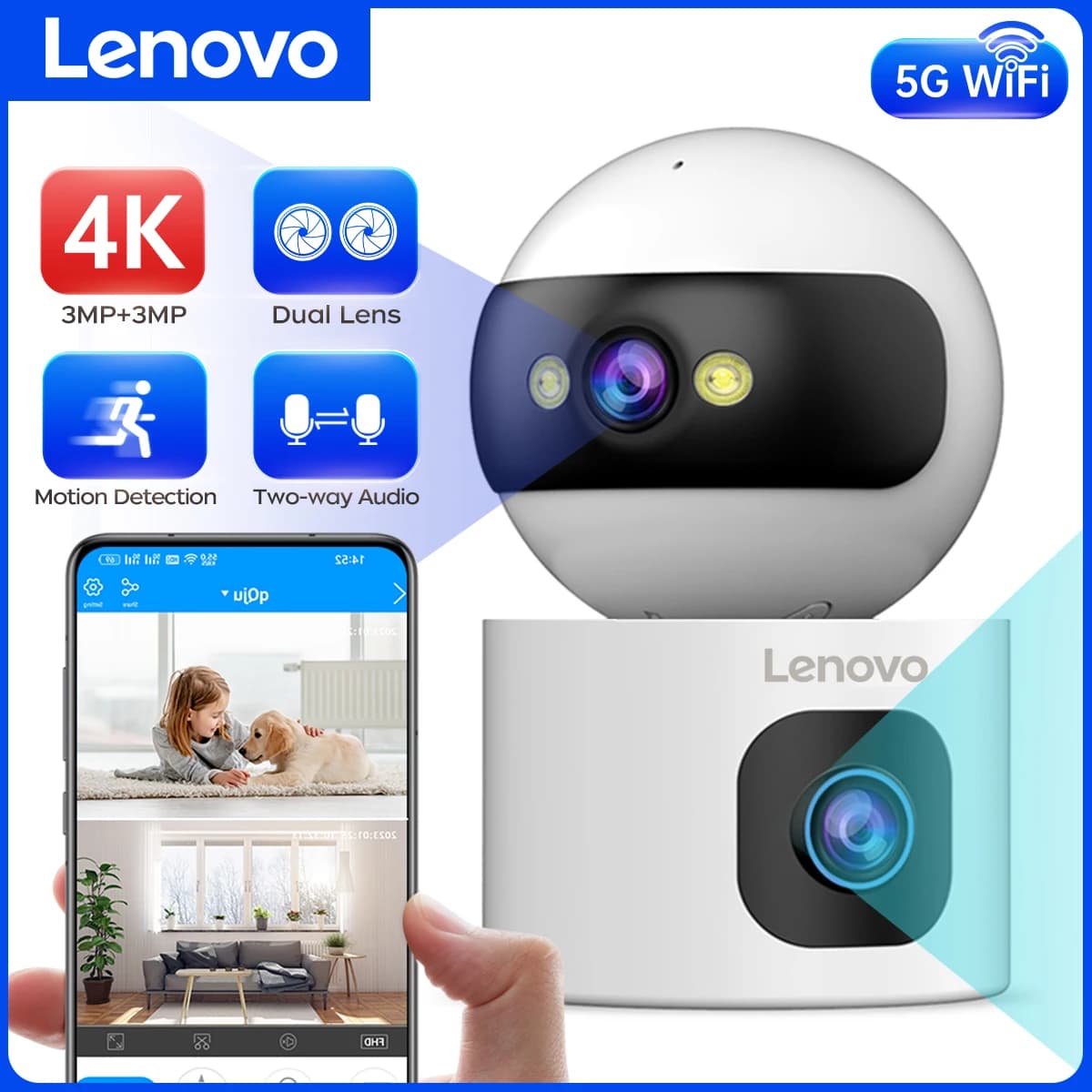 Lenovo-Caméra de surveillance IP sans fil, moniteur de sécurité pour bébé, suivi automatique, caméra de vidéosurveillance intelligente, WiFi