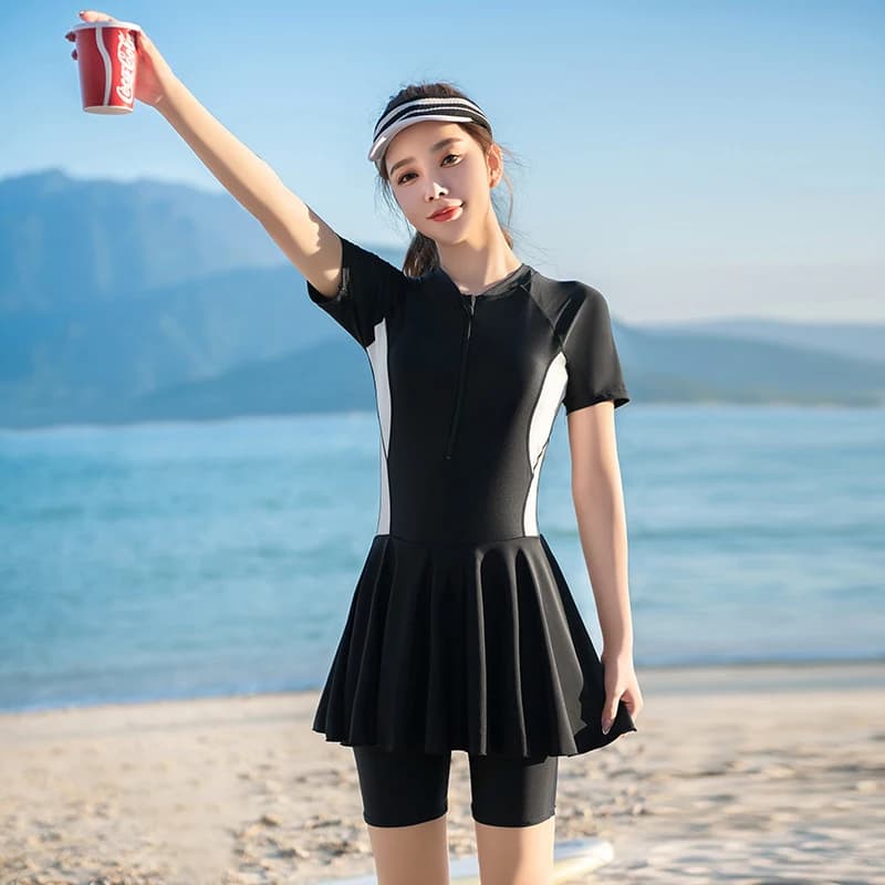 Maillot de bain une pièce style coréen pour femmes, modeste, grande taille, jupe de bain, conservateur, vêtements de plage pour dames, trempée,