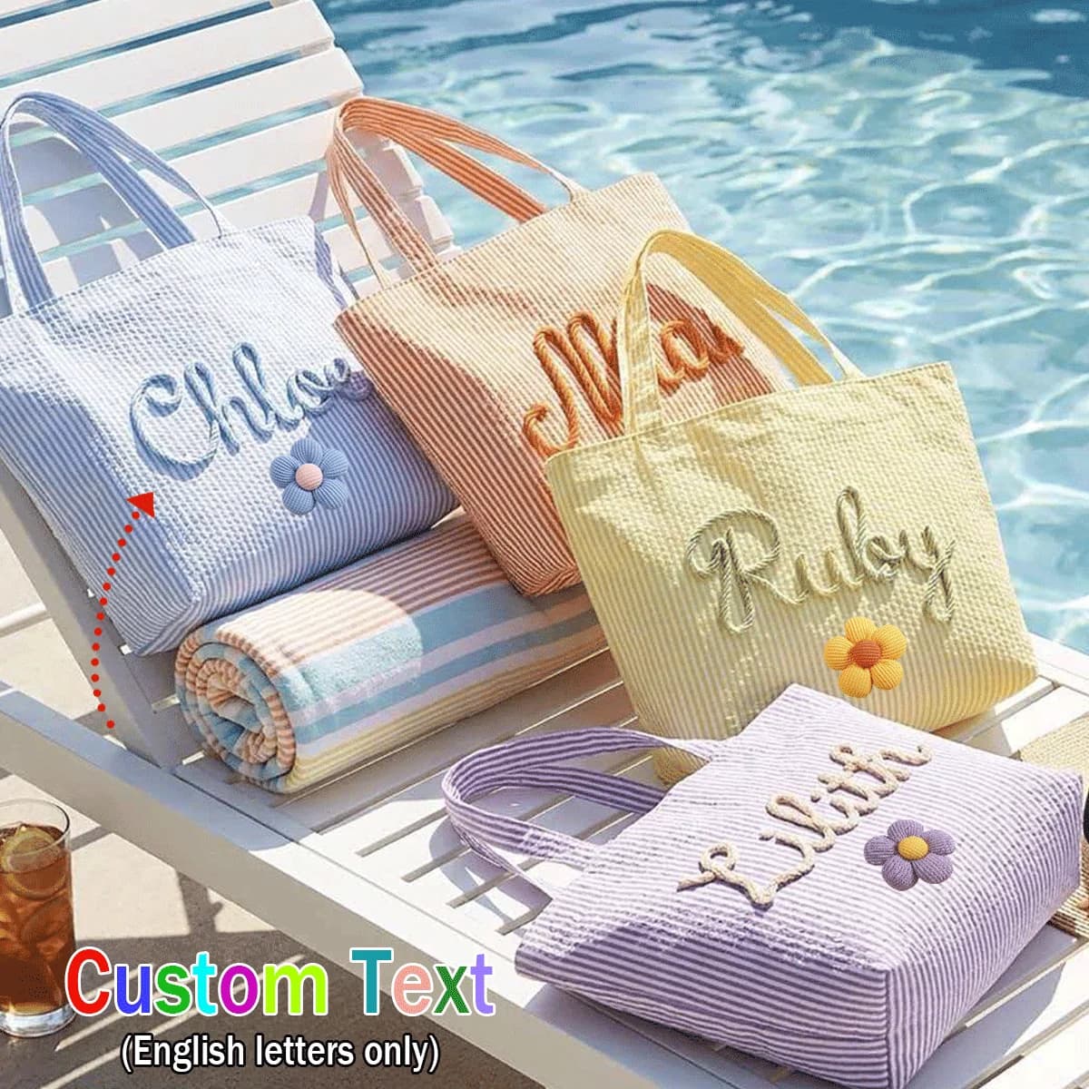 Sac à cosmétiques et organiseur de voyage personnalisé en seersucker — Trousse de toilette personnalisée en chenille avec lettres et sac de