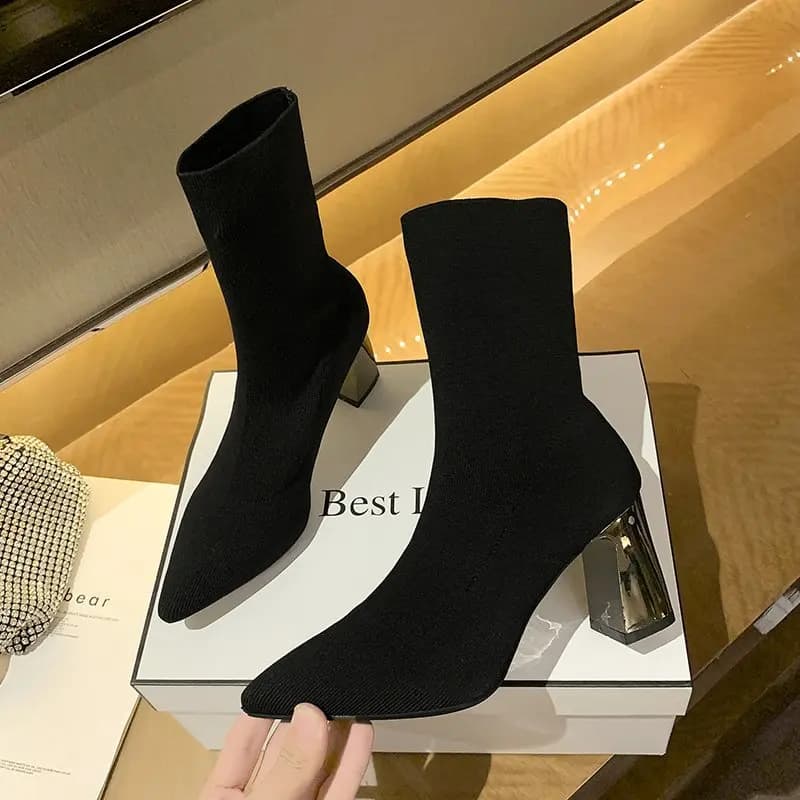 Chaussettes pointues élastiques à talons hauts pour femmes, chaussures tendance, tricotées, respirantes, Slim, talon épais, bottes courtes,