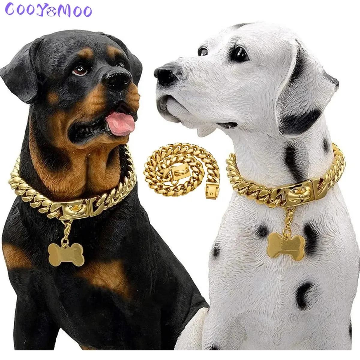 Collier pour chien en or massif, chaîne cubaine en acier inoxydable de 14 mm de large, collier en métal pour animaux de compagnie de petite, moyenne