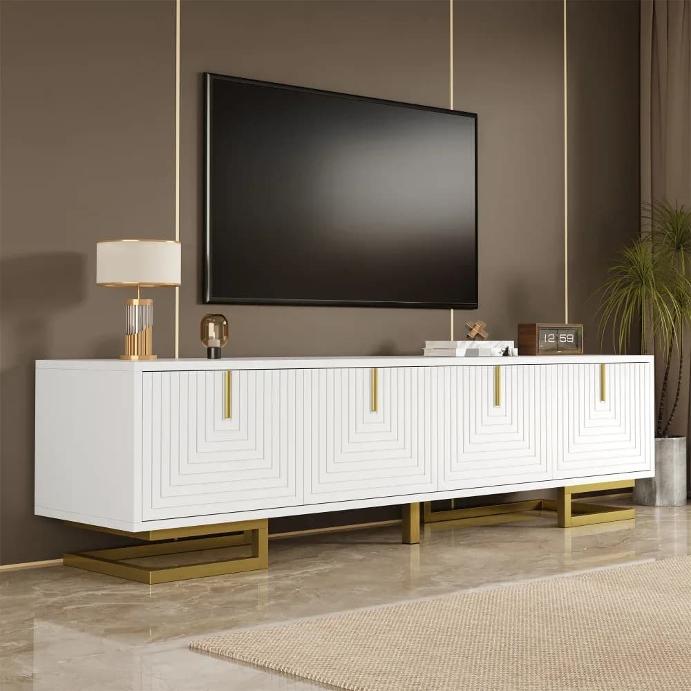 Meuble TV moderne avec portes structurées – Poignées et pieds dorés, meuble TV élégant, offre un rangement pratique des médias