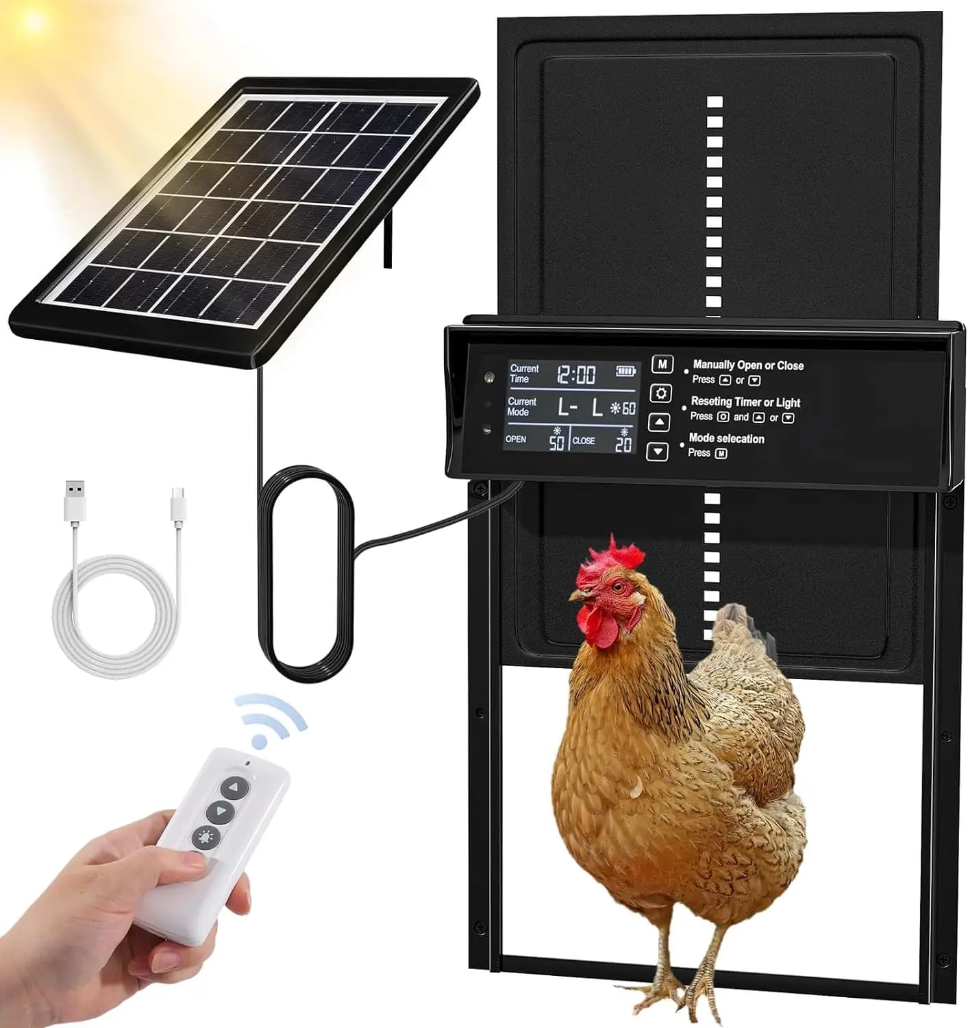 Porte de poulailler solaire, porte de poulet automatique à énergie solaire et chargement USB, porte de poulet automatique 4 Modes avec minuterie et
