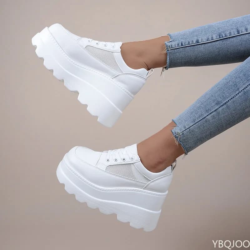 Baskets Blanches à Talons Compensés pour Femme, Chaussures Ajourées, Respirantes, Épaisses, Nouvelle Collection 2022
